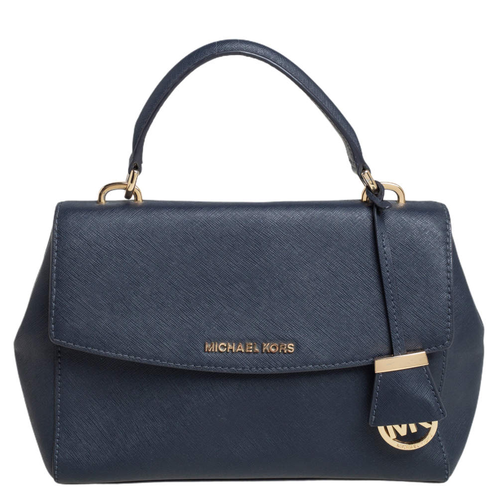 Pre Owned Michael Kors Navy Blue Leather Small Ava Top Handle Bag