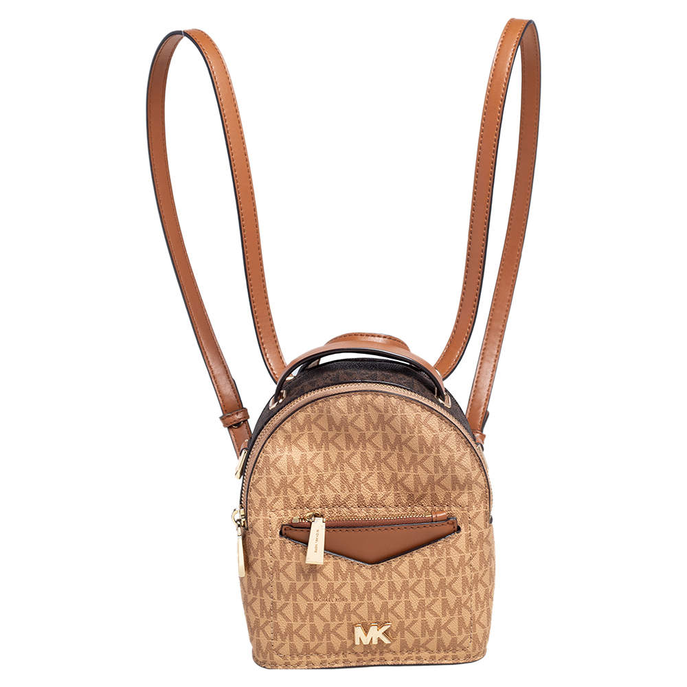Michael Kors Brown/Tan Signature Coated Canvas and Leather Jessa Small Convertible Backpack