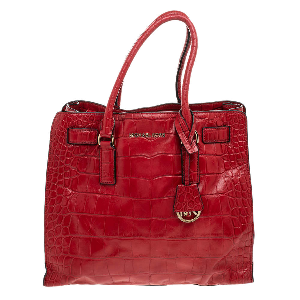 Pre Owned Michael Michael Kors Red Croc Embossed Leather Dillon Tote