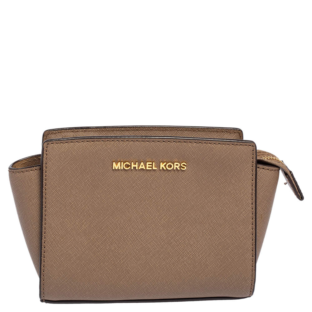 Pre Owned Michael Kors Dark Beige Leather Mini Selma Crossbody Bag