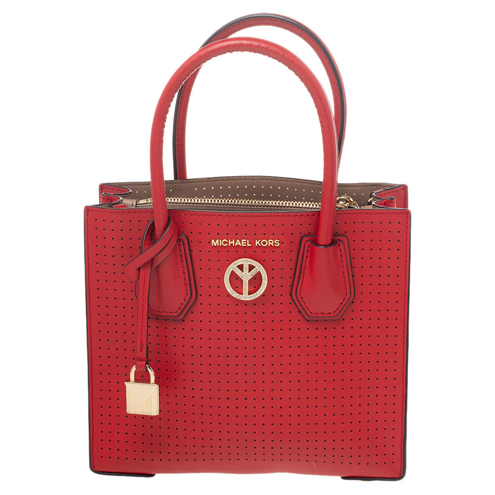 Pre Owned Michael Kors Red Perforated Leather Mini Mercer Tote