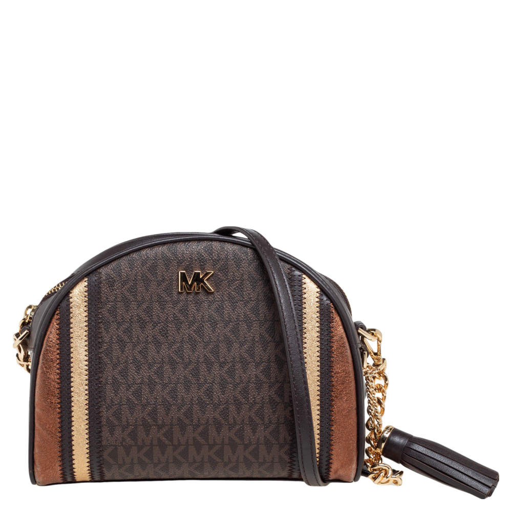 Michael Kors Brown Signature Coated Canvas and Leather Dome Crossbody Bag