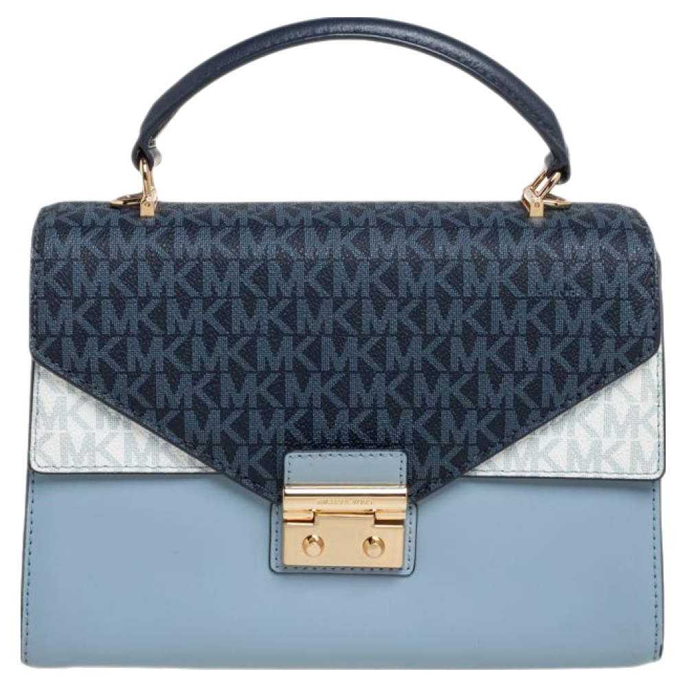 Pre Owned Michael Kors Blue/White Signature Coated Canvas and Leather Kinsley Top Handle Bag