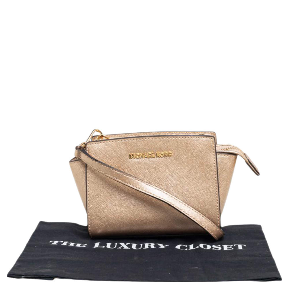 Michael Kors Metallic Gold Saffiano Leather Mini Selma Crossbody Bag  Michael Kors | The Luxury Closet