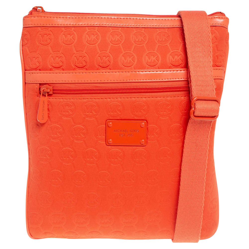 Pre Owned Michael Kors Orange Signature Embossed Neoprene Fabric Messenger Bag