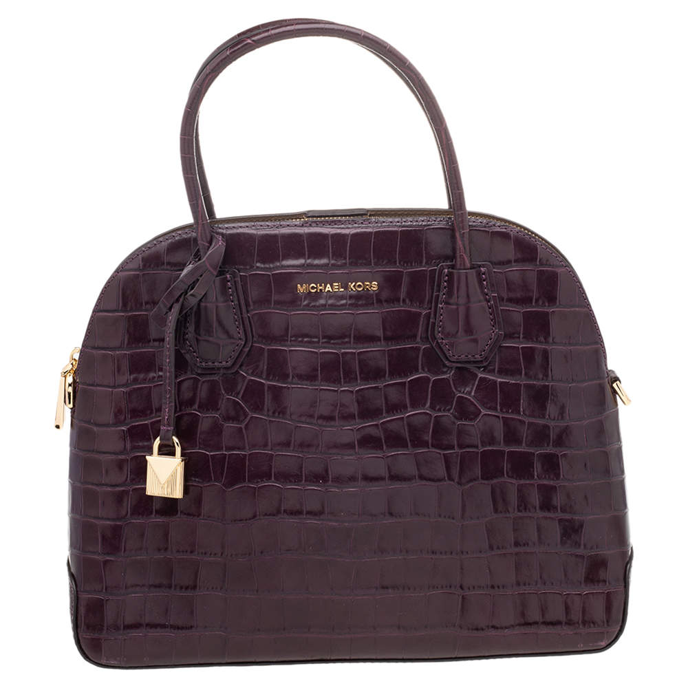 Pre Owned Michael Kors Burgundy Croc Embossed Leather Satchel