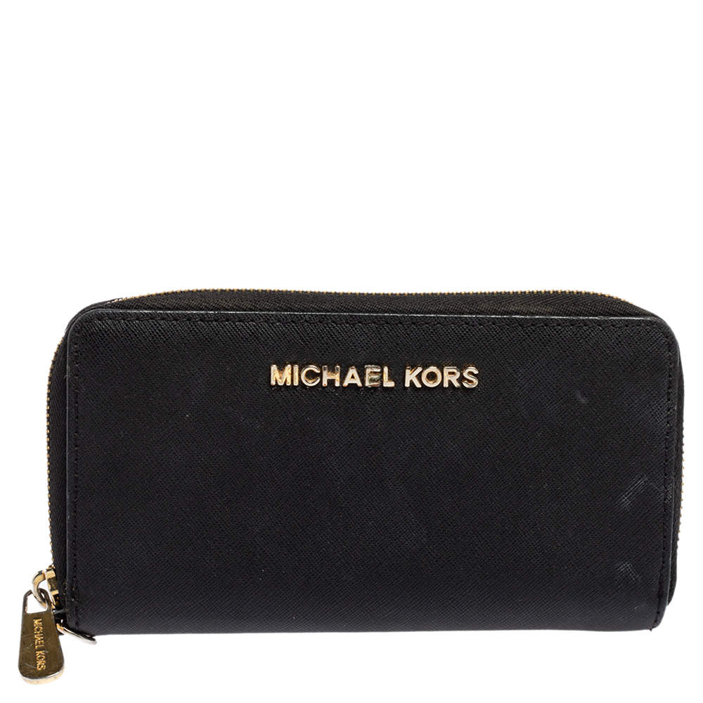 MICHAEL KORS Sticker Bar MK XL Zip CLUTCH SET Black Saffiano Leather  34H6GB3W9L