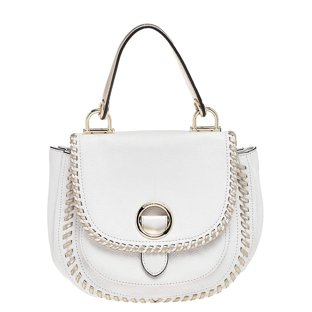 Pre Owned Michael Kors White/Gold Leather Isadore Stitch Top Handle Bag