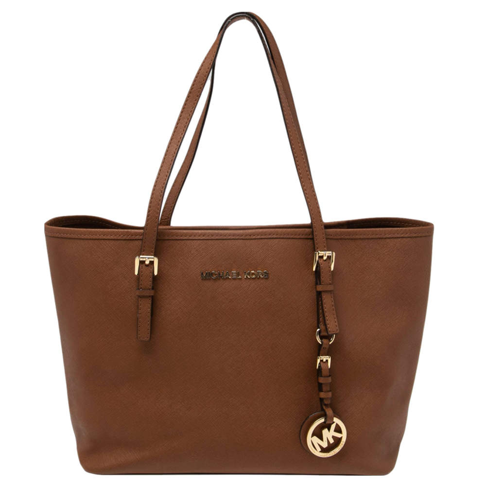 Pre Owned Michael Kors Brown Leather Jet Set Tote