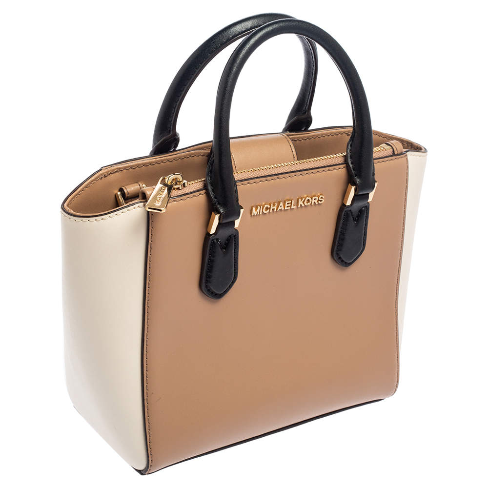 Michael Kors Beige White Leather Small Carolyn Tote