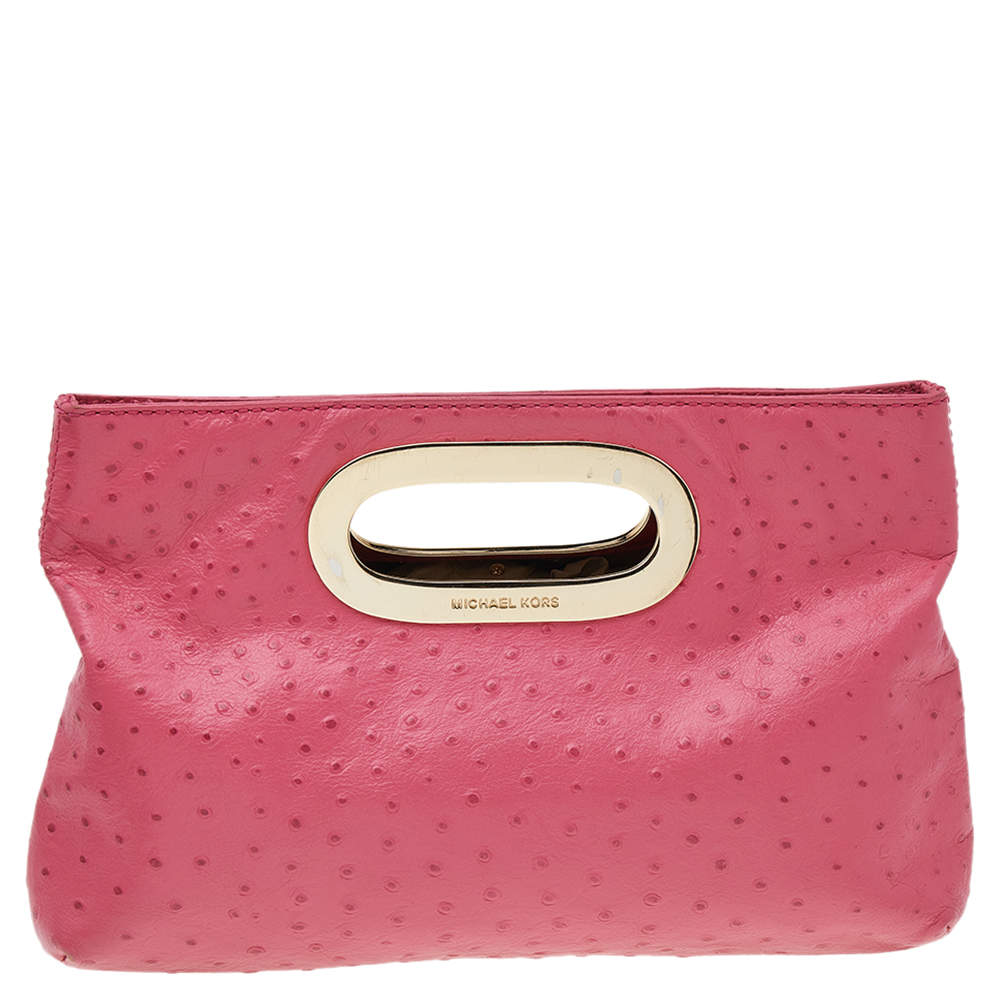 مملوكة مسبقًا حقيبة كلتش مايكل مايكل كورس بركلي جلد نقش نعام وردي