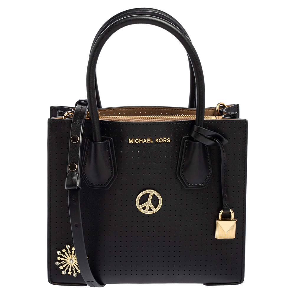 مملوكة مسبقًا Michael Kors Black Perforated Leather Embellished Mini Mercer Tote