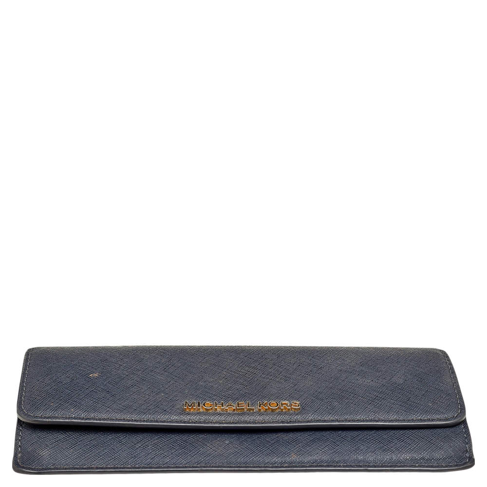 Michael Kors Navy Blue Saffiano Leather Jet Set Travel Flat Wallet