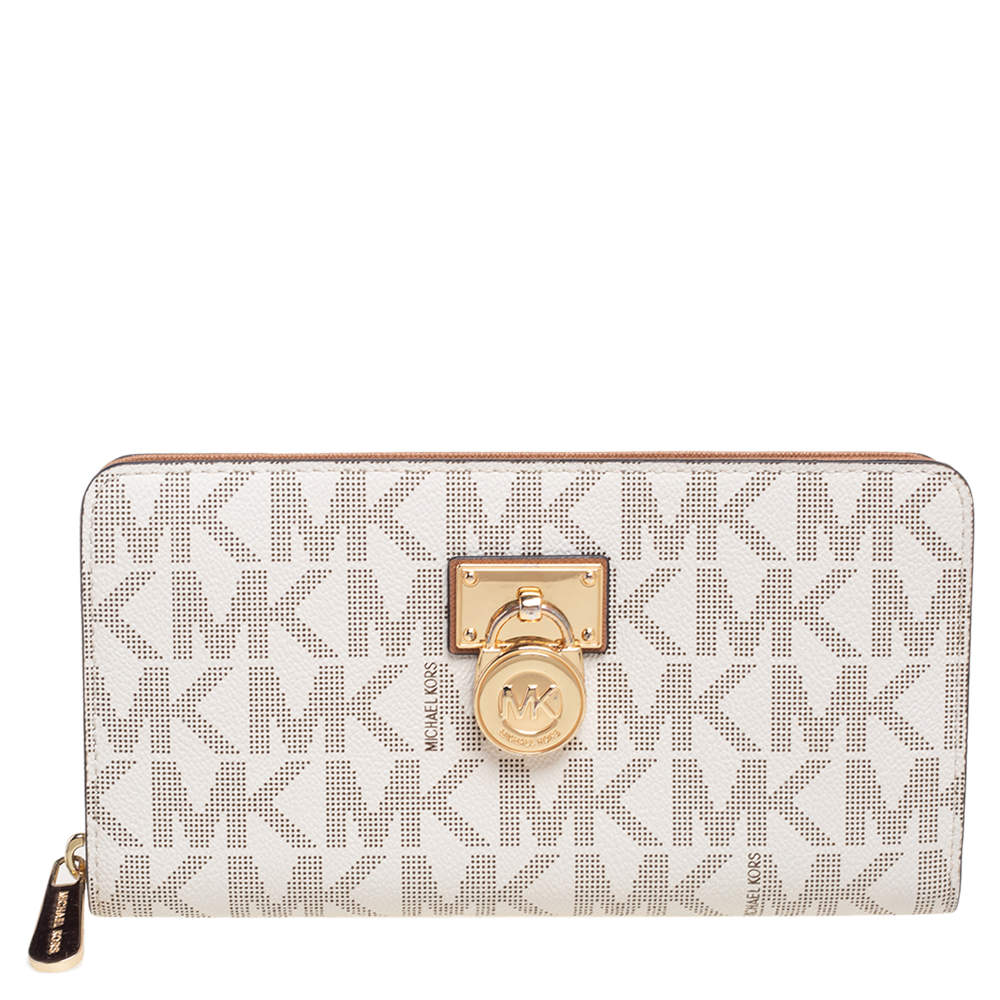 Michael Kors Beige Coated Canvas Hamilton Zip Around Wallet Michael ...