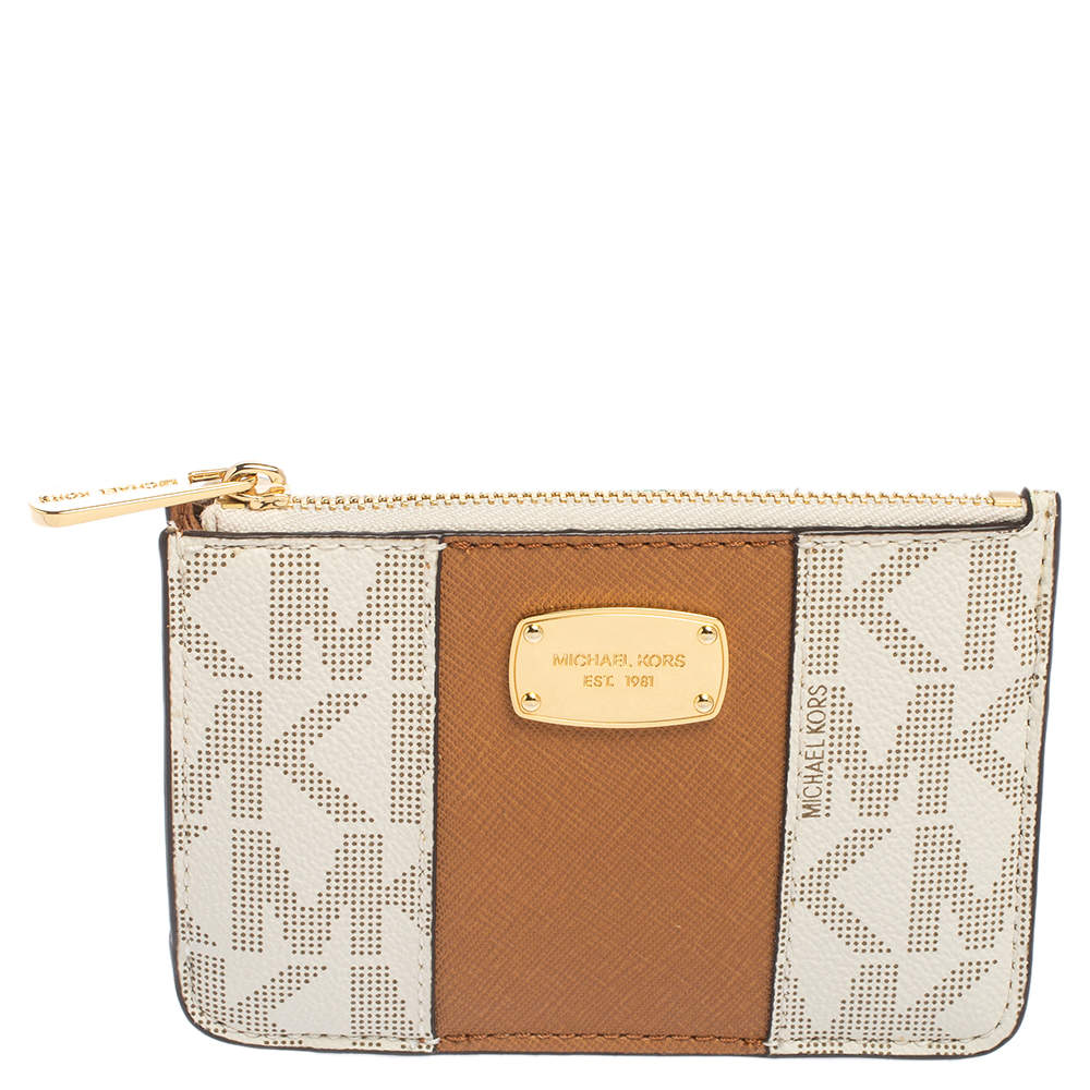 Pre Owned Michael Kors Beige Signature Coated Canvas and Leather Zip Coin Wallet