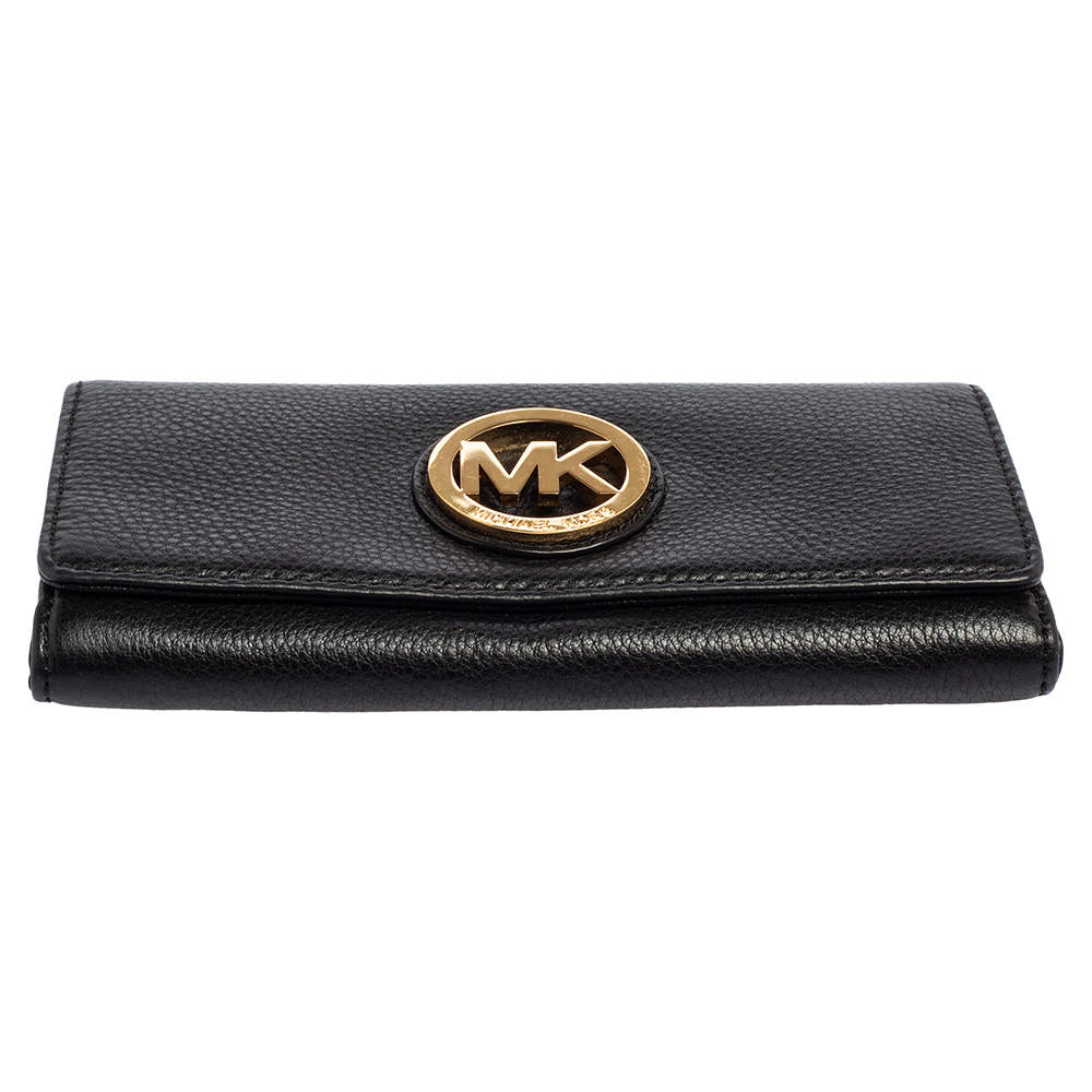 Michael Kors Black Grained Leather Fulton Flap Continental Wallet ...