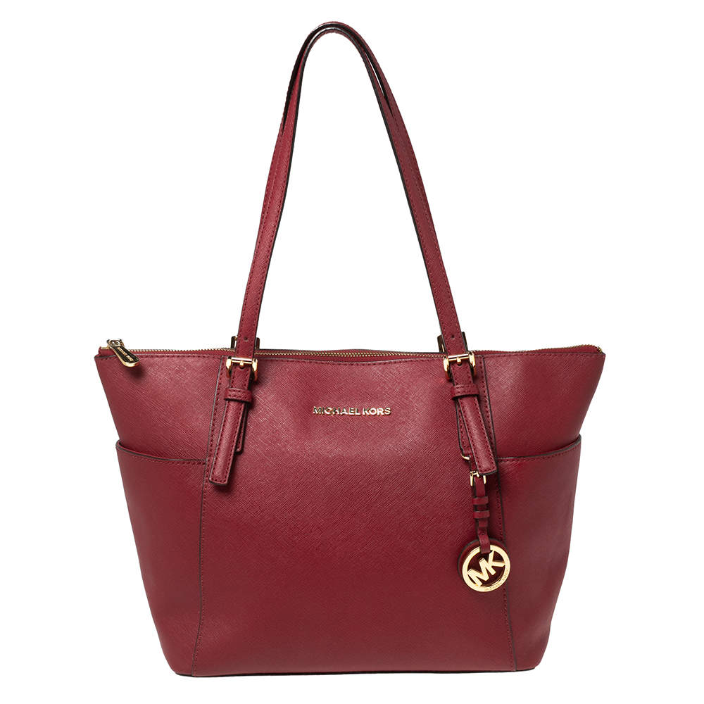 Pre Owned MICHAEL Michael Kors Red Leather Medium Jet Set Top Zip Tote