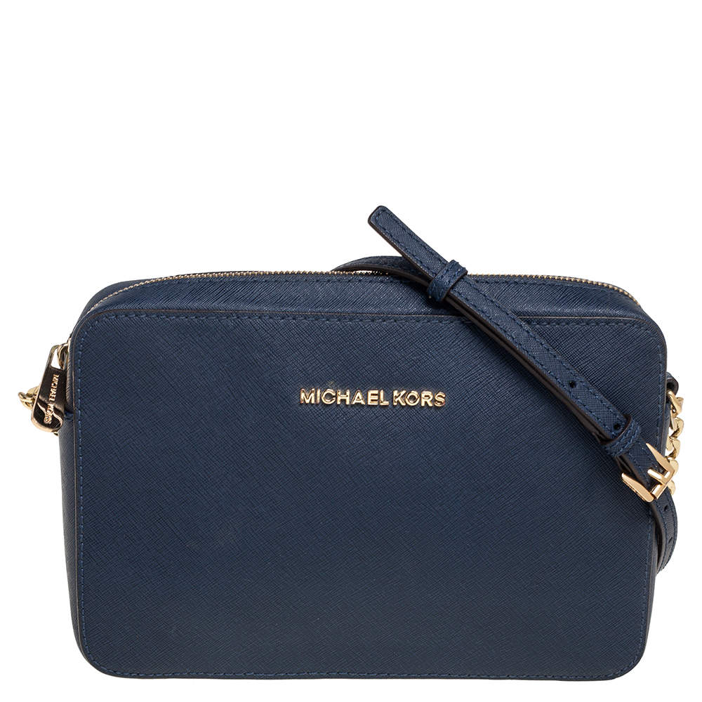 Pre Owned Michael Kors Blue Saffiano Leather Jet Set Camera Crossbody Bag