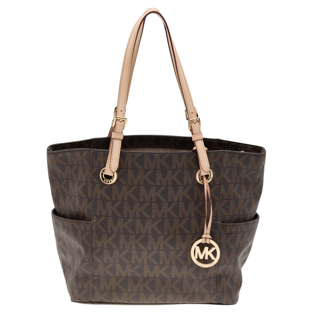 Pre Owned MICHAEL Michael Kors Dark Brown Signature Coated Canvas And Leather Jet Set Tote