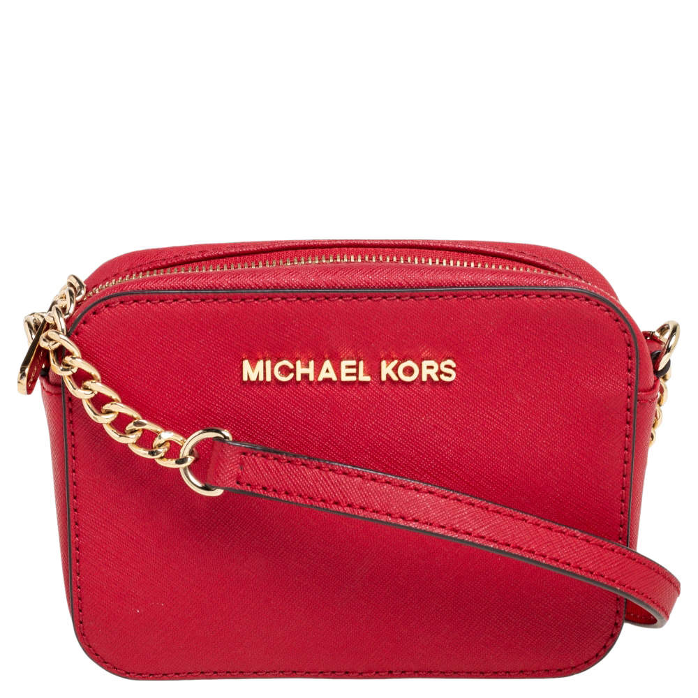 Pre Owned MICHAEL Michael Kors Red Saffiano Leather Jet Set Camera Crossbody Bag