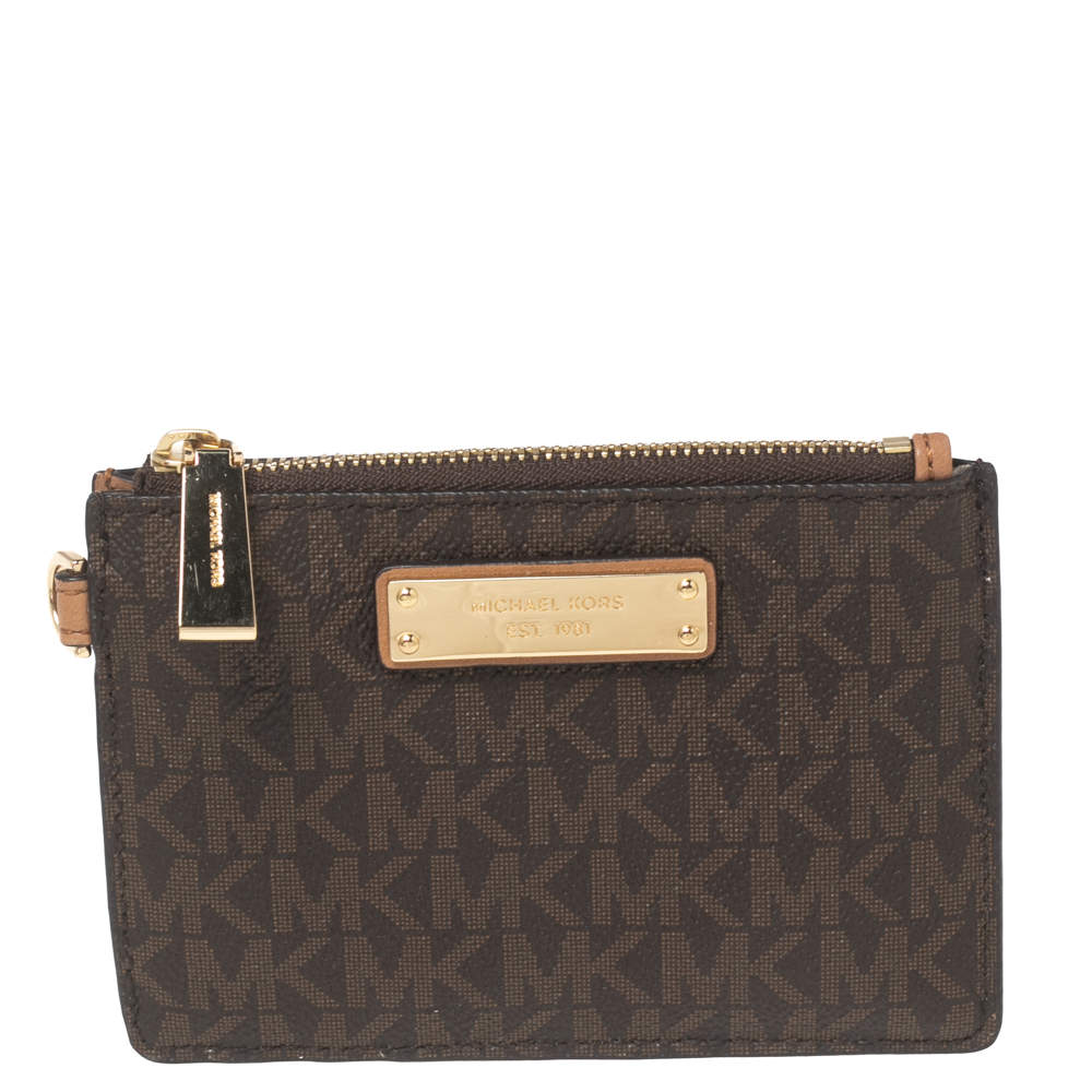 مملوكة مسبقًا محفظة عملات معدنية مايكل كورس سحاب شعار جلد وكانفاس مقوى مميز بني