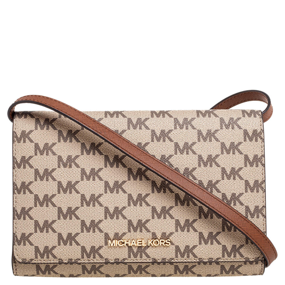 مملوكة مسبقًا Michael Kors Beige/Brown Signature Coated Canvas and Leather Flap Clutch Bag 