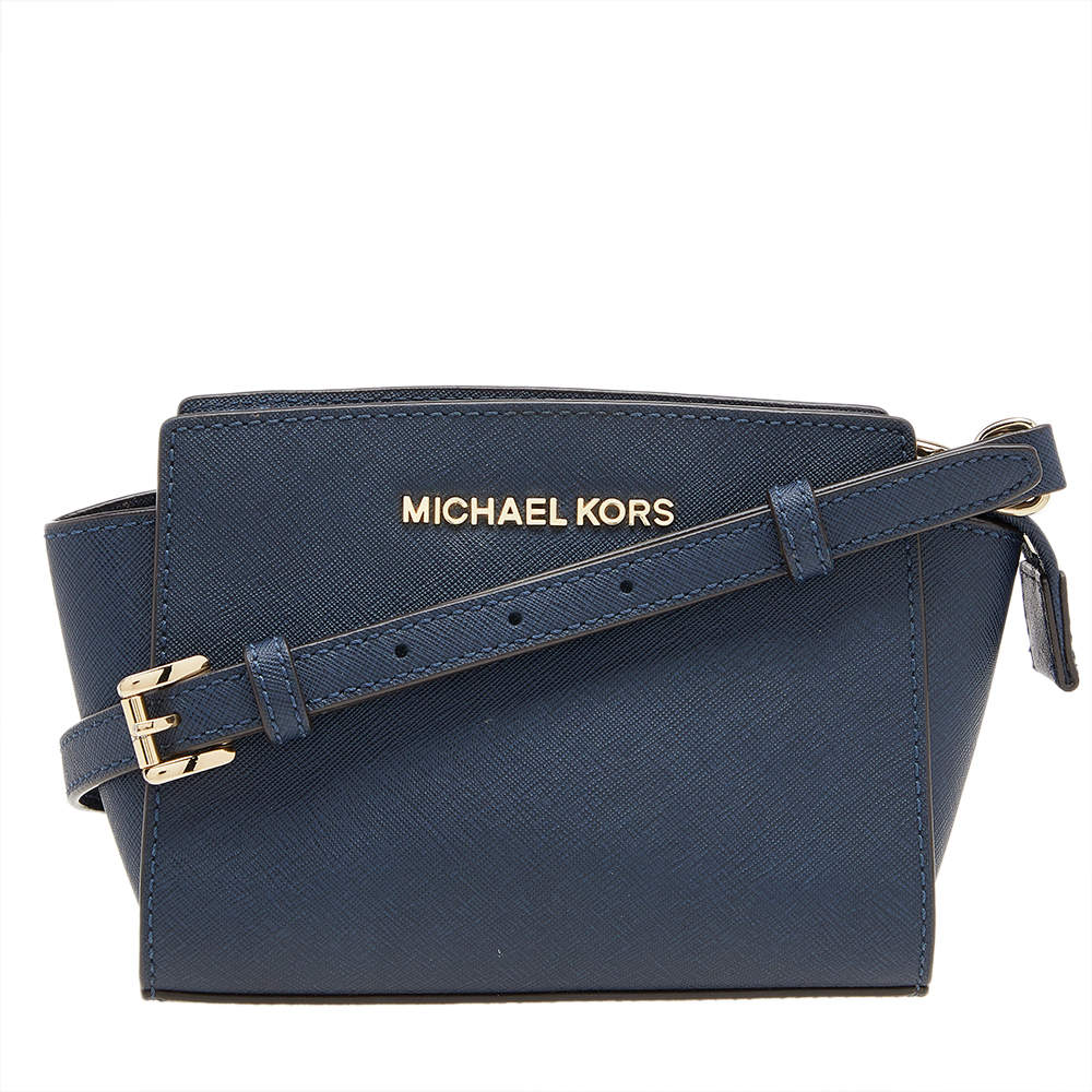 Pre Owned Michael Kors Navy Blue Leather Mini Selma Crossbody Bag