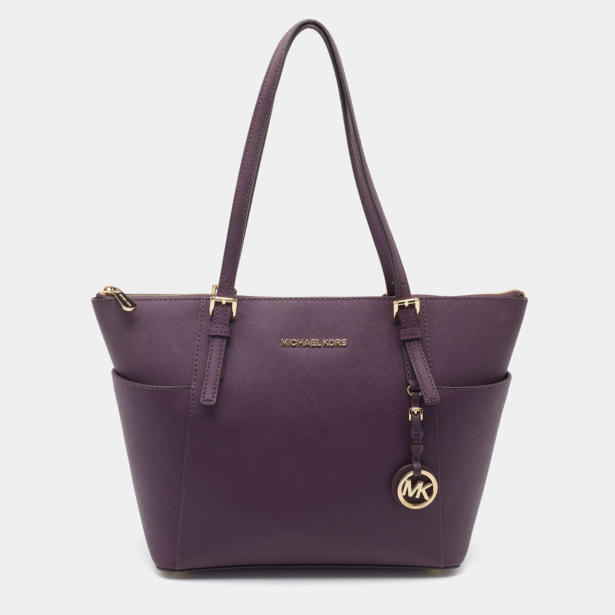 Pre Owned Michael Kors Dark Purple Saffiano Leather Travel Jet Set Tote