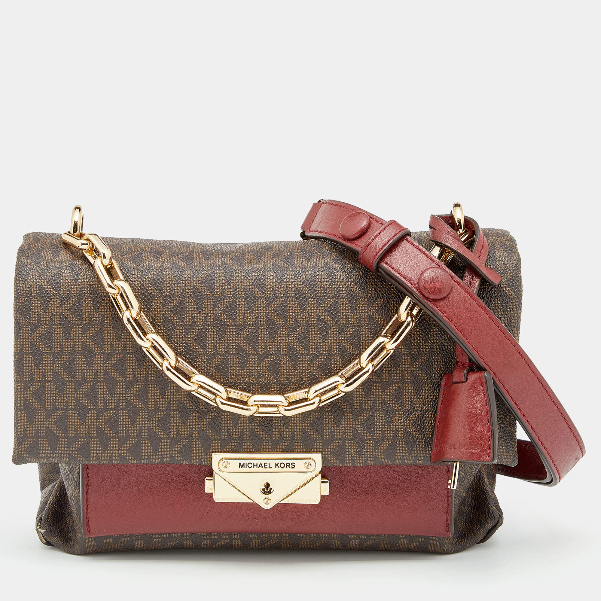 Pre Owned Michael Kors Brown/Burgundy Signature Coated Canvas And Leather Medium Cece Shoulder Bag