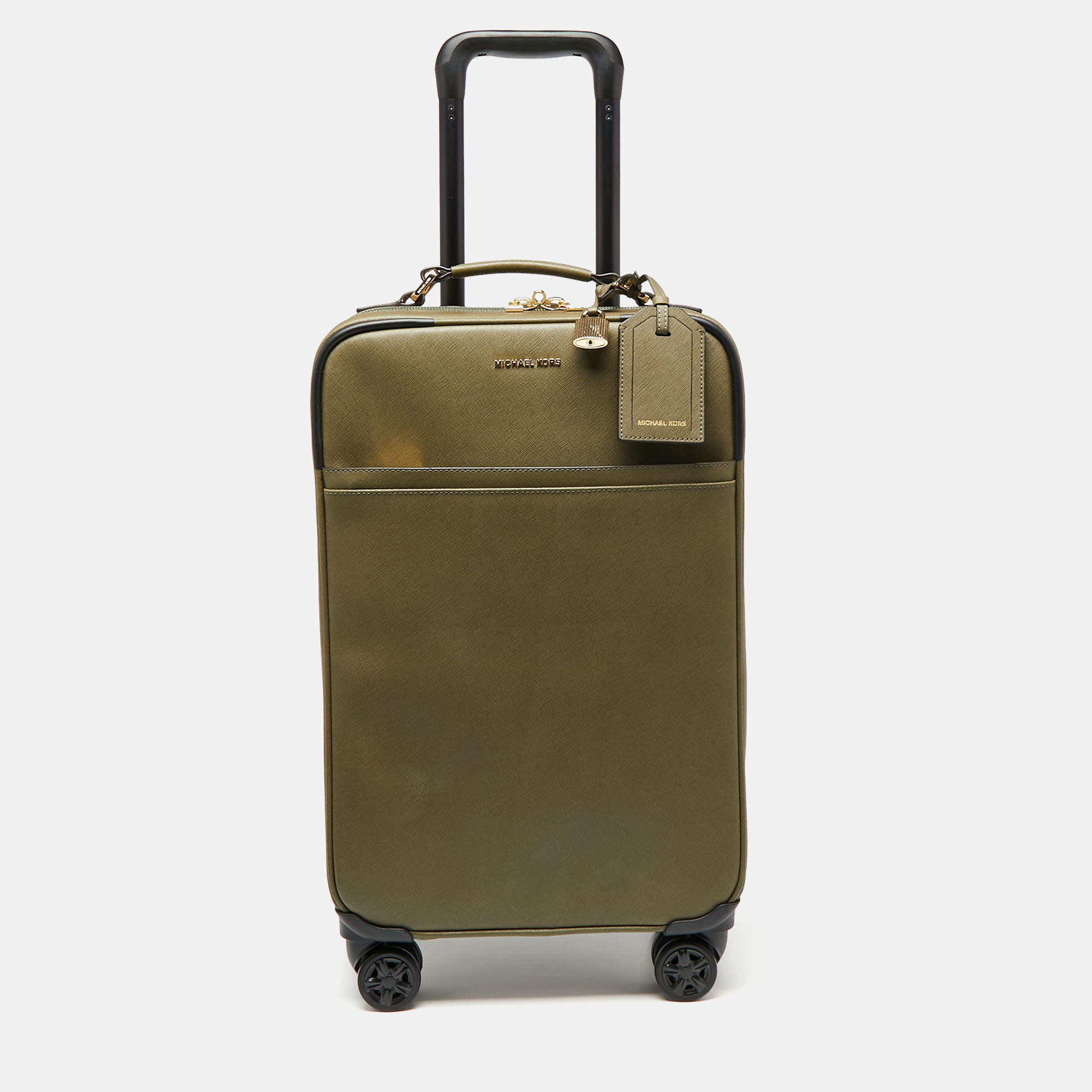 Pre Owned Michael Kors Olive Green Leather Jet Set Logo Luggage