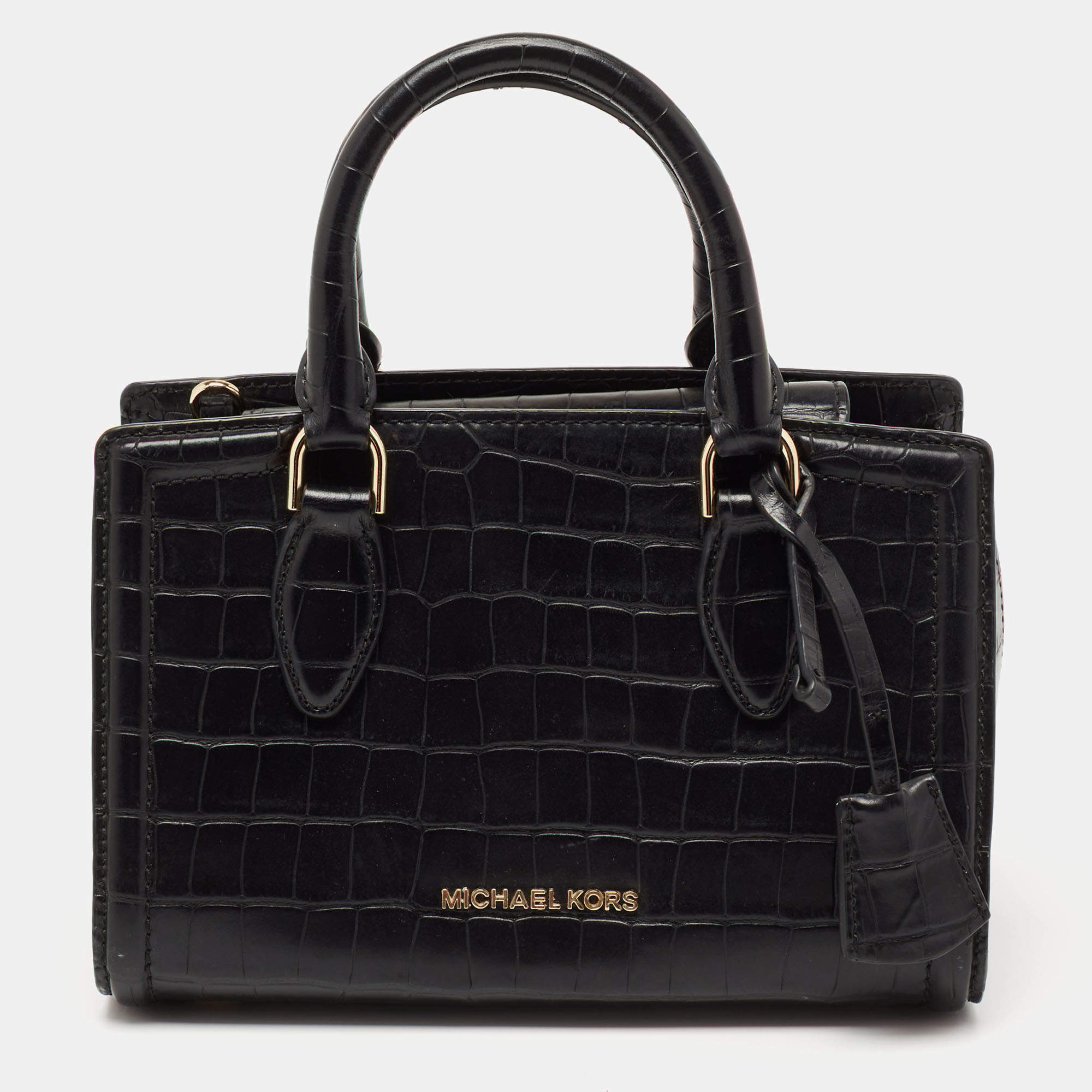 Pre Owned Michael Kors Black Croc Embossed Leather Satchel