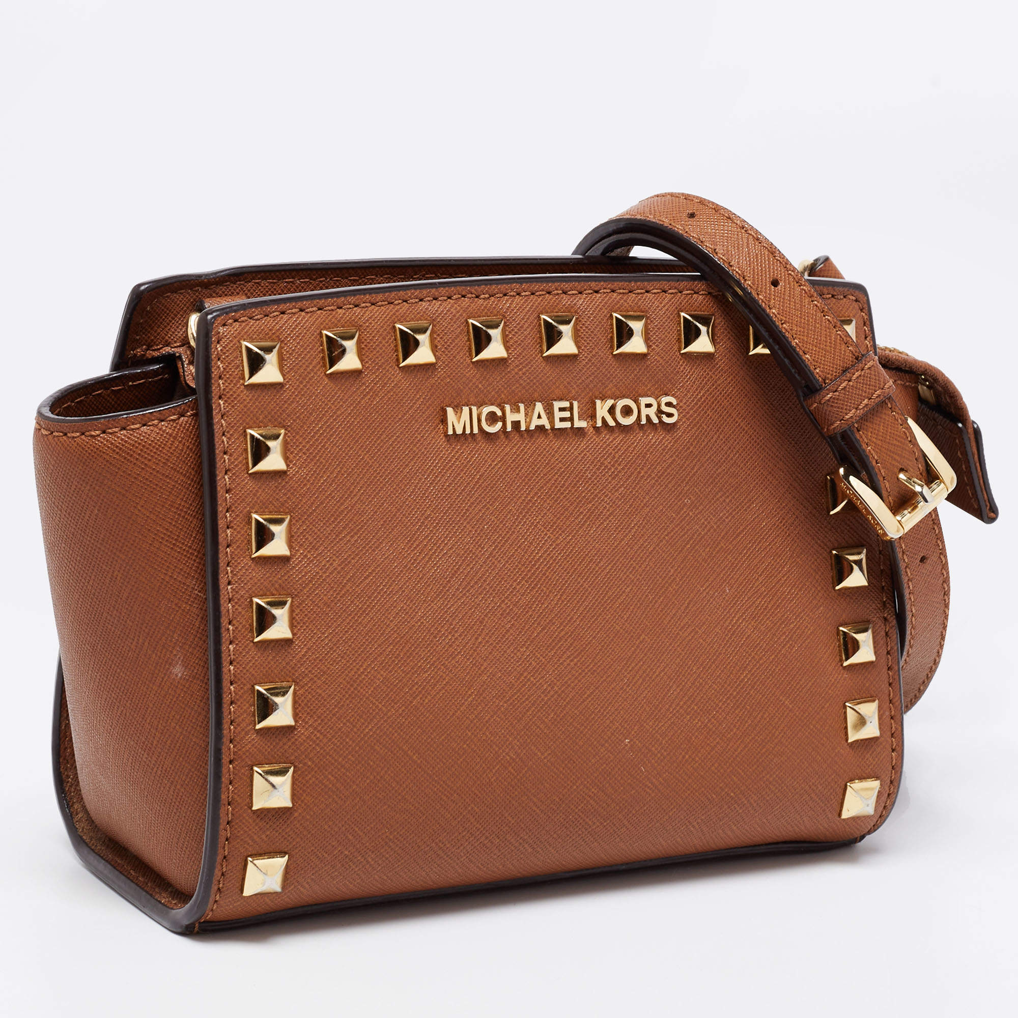 Michael Kors Dark Brown Studded Saffiano Leather Selma Crossbody Bag  Michael Kors | The Luxury Closet