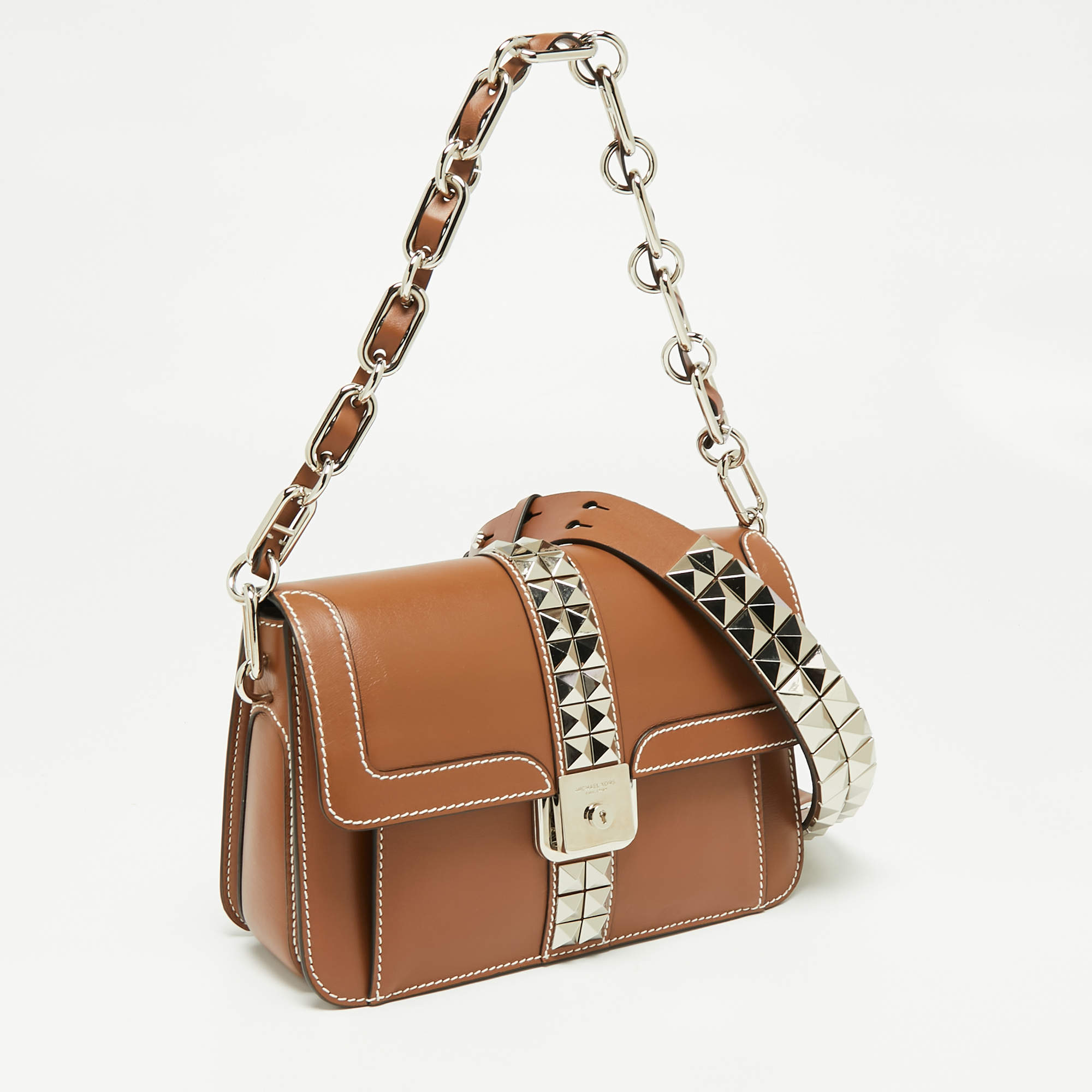 Michael Kors Brown Pebbled Leather Crawford Studded Top Handle Bag Michael  Kors | TLC