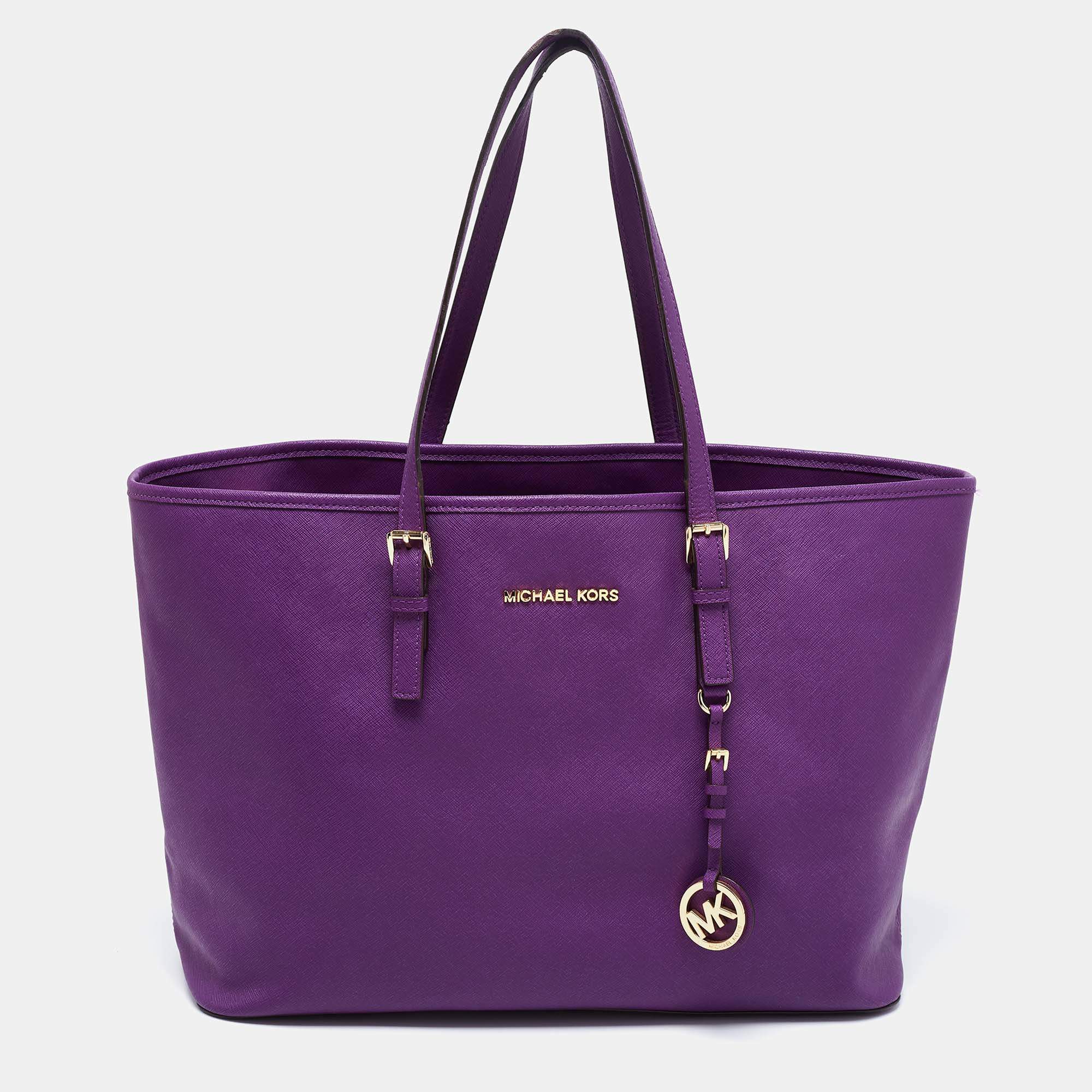 Pre Owned MICHAEL Michael Kors Violet Leather Large Jet Set Travel Tote