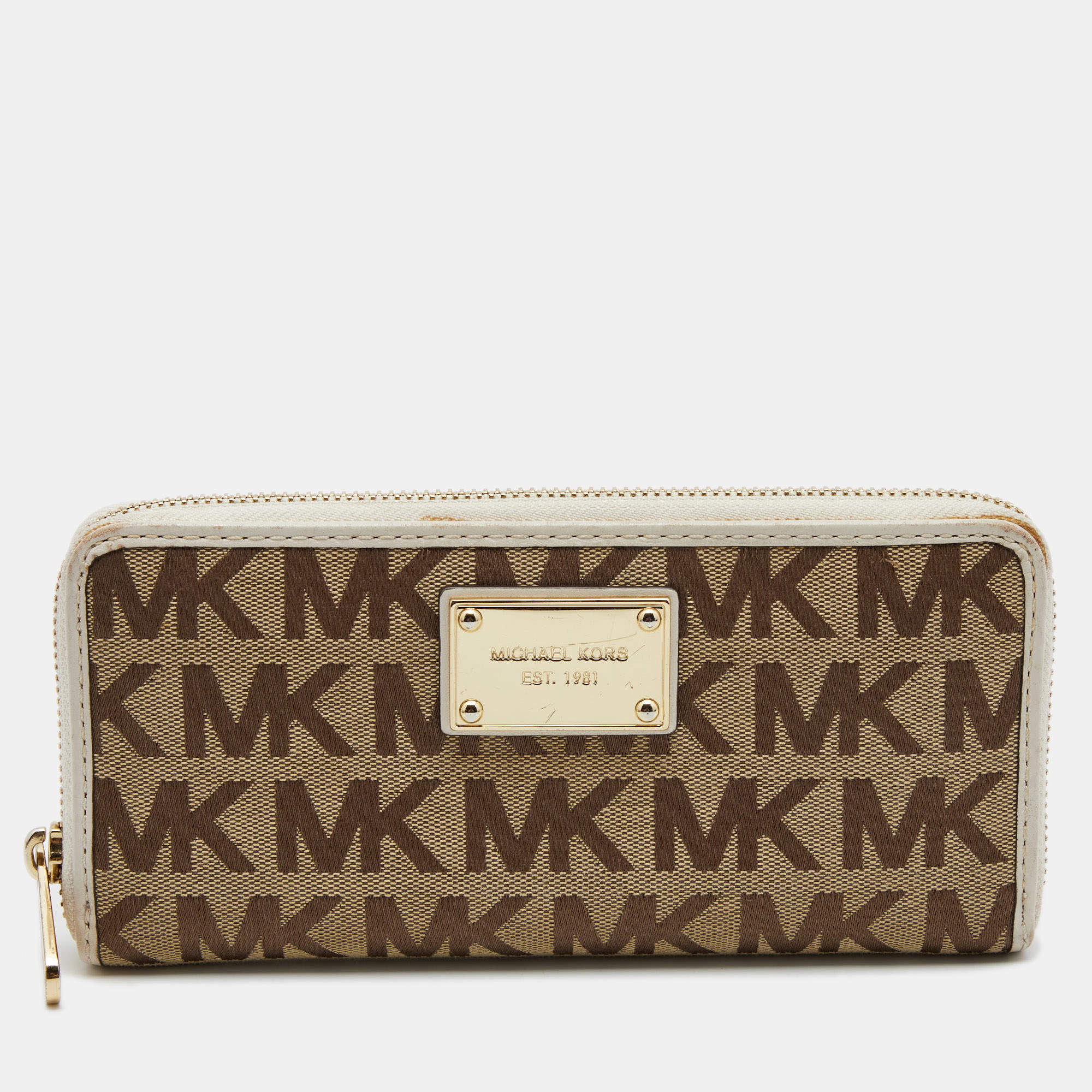 Michael Kors Beige/White Signature Canvas and Leather Zip Around Wallet