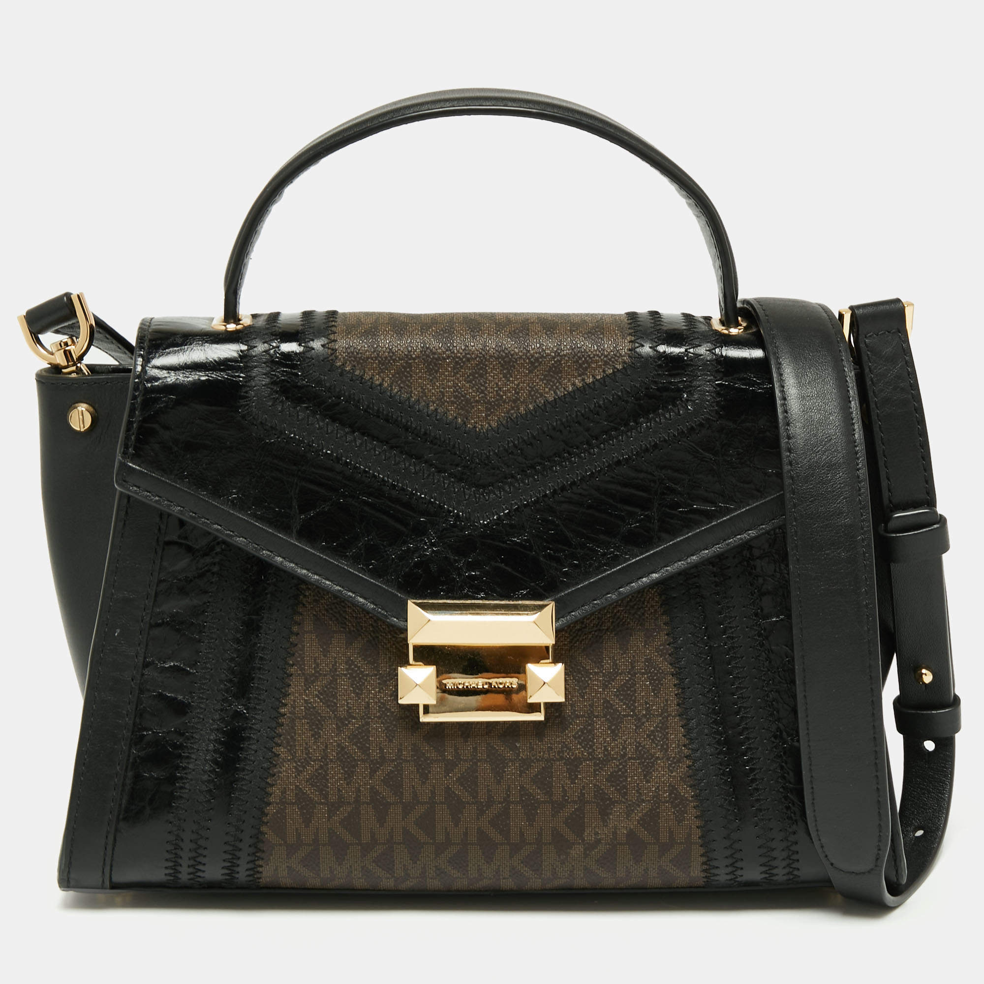 Pre Owned Michael Kors Brown/Black Signature Coated Canvas and Leather Whitney Top Handle Bag