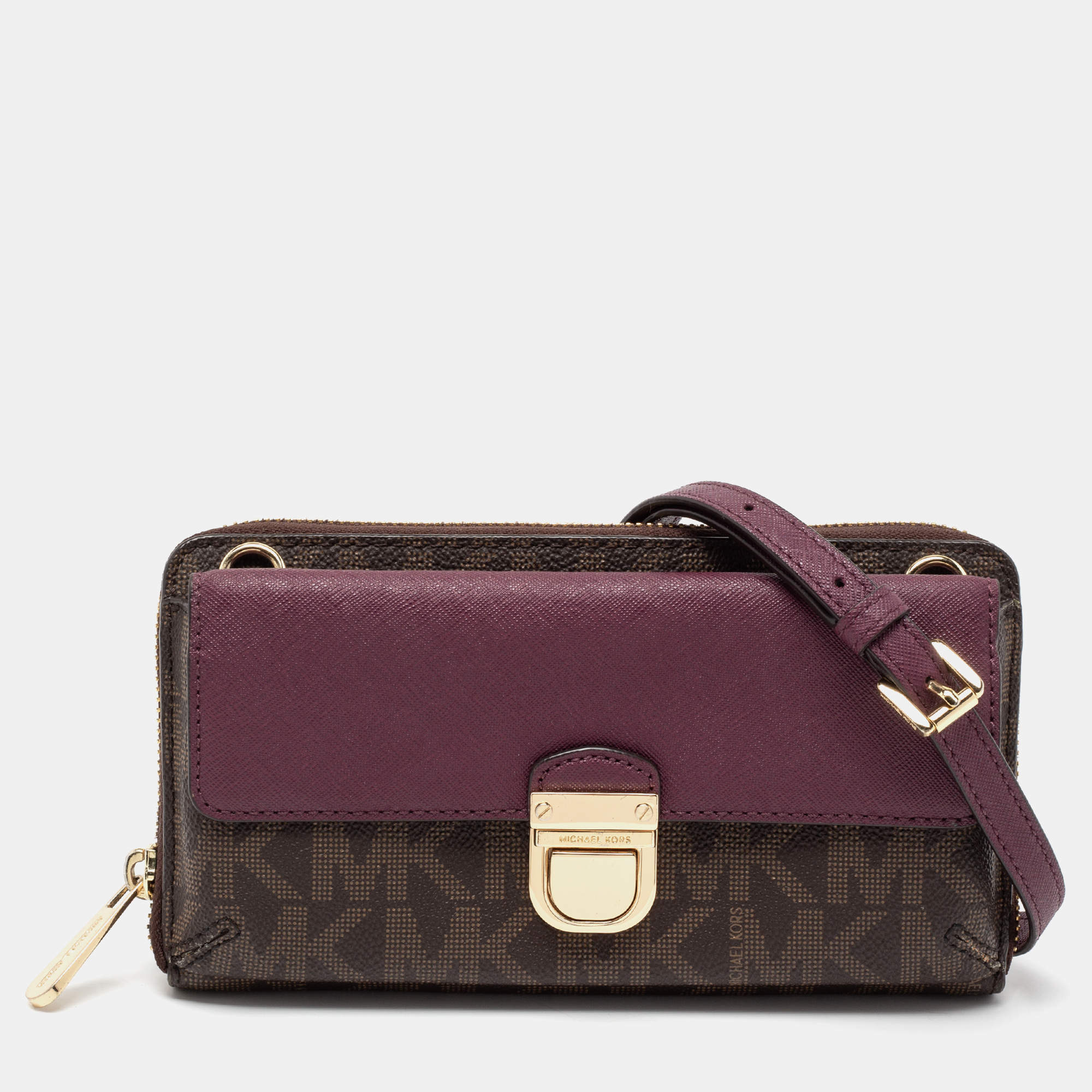 Pre Owned Michael Kors Brown/Purple Signature Coated Canvas And Leather Wallet On Chain