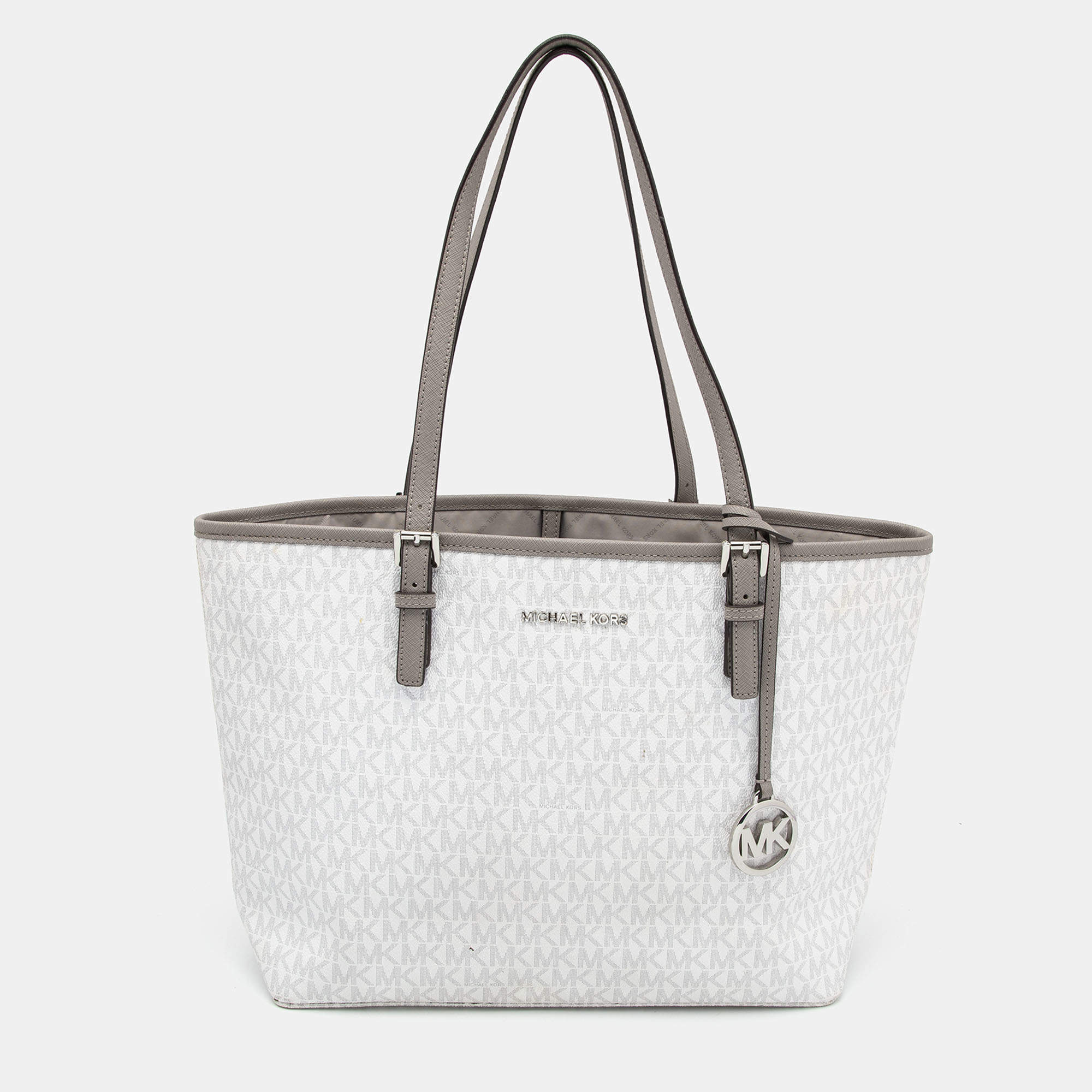 Pre Owned Michael Kors White/Grey Signature Coated Canvas and Leather Medium Jet Set Tote