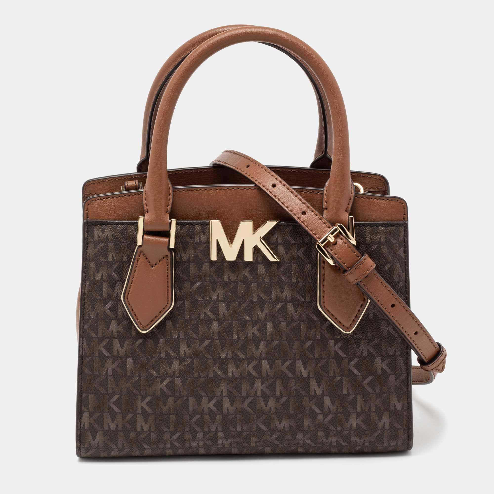 Pre Owned Michael Kors Brown Monogram Canvas Leather Medium Mott Tote