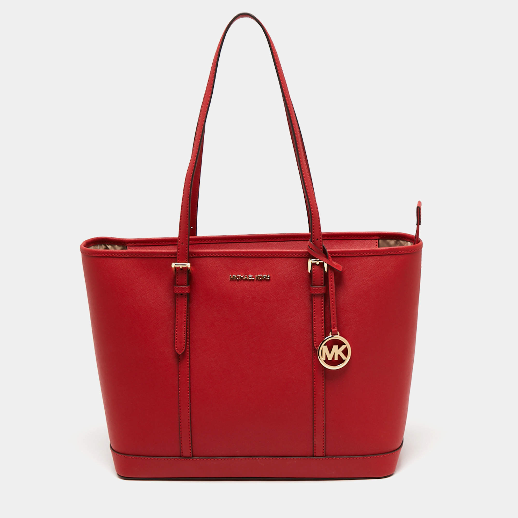 Pre Owned Michael Kors Red Leather Large Jet Set Travel Tote