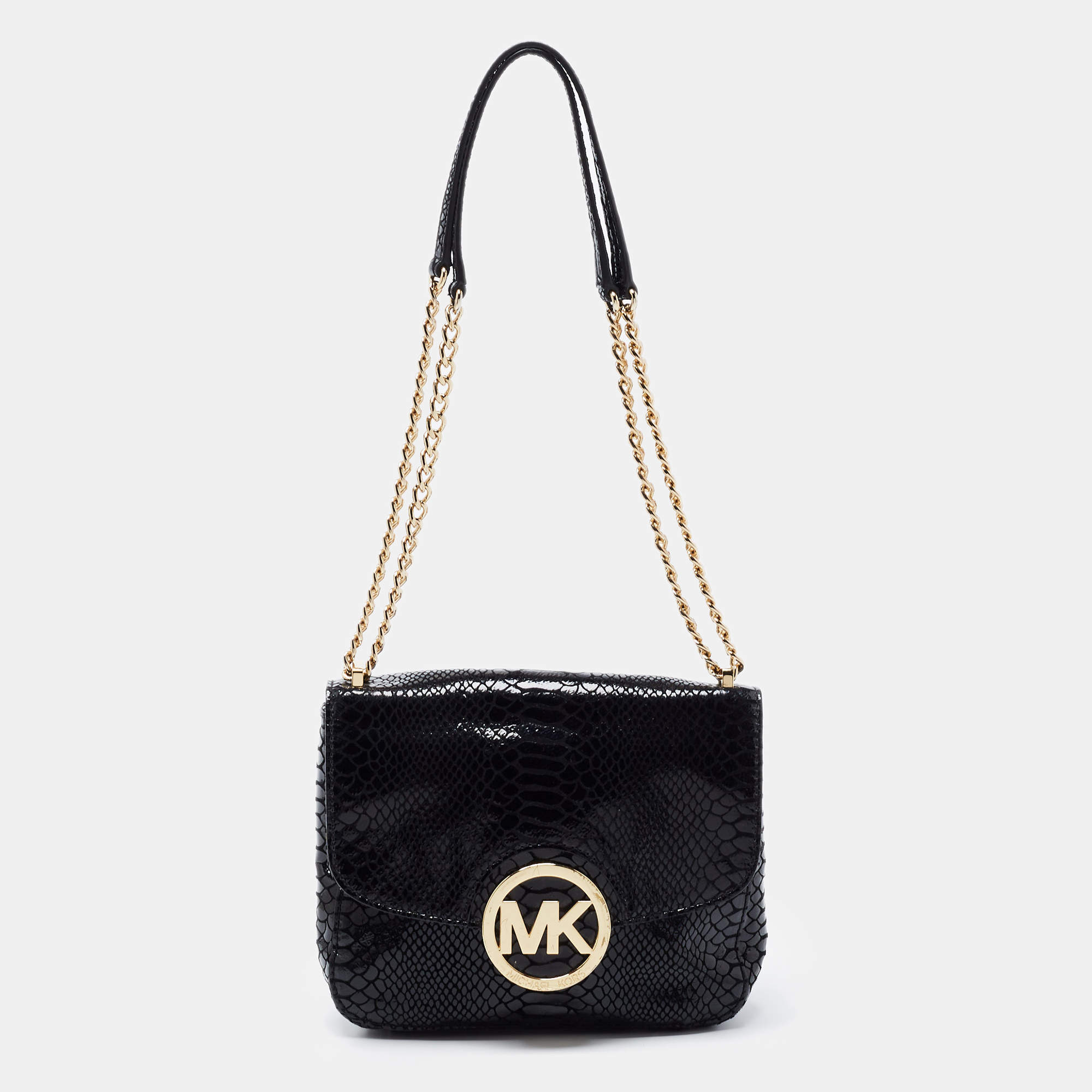 Michael Kors Black Python Embossed Leather Fulton Shoulder Bag Michael Kors  | TLC