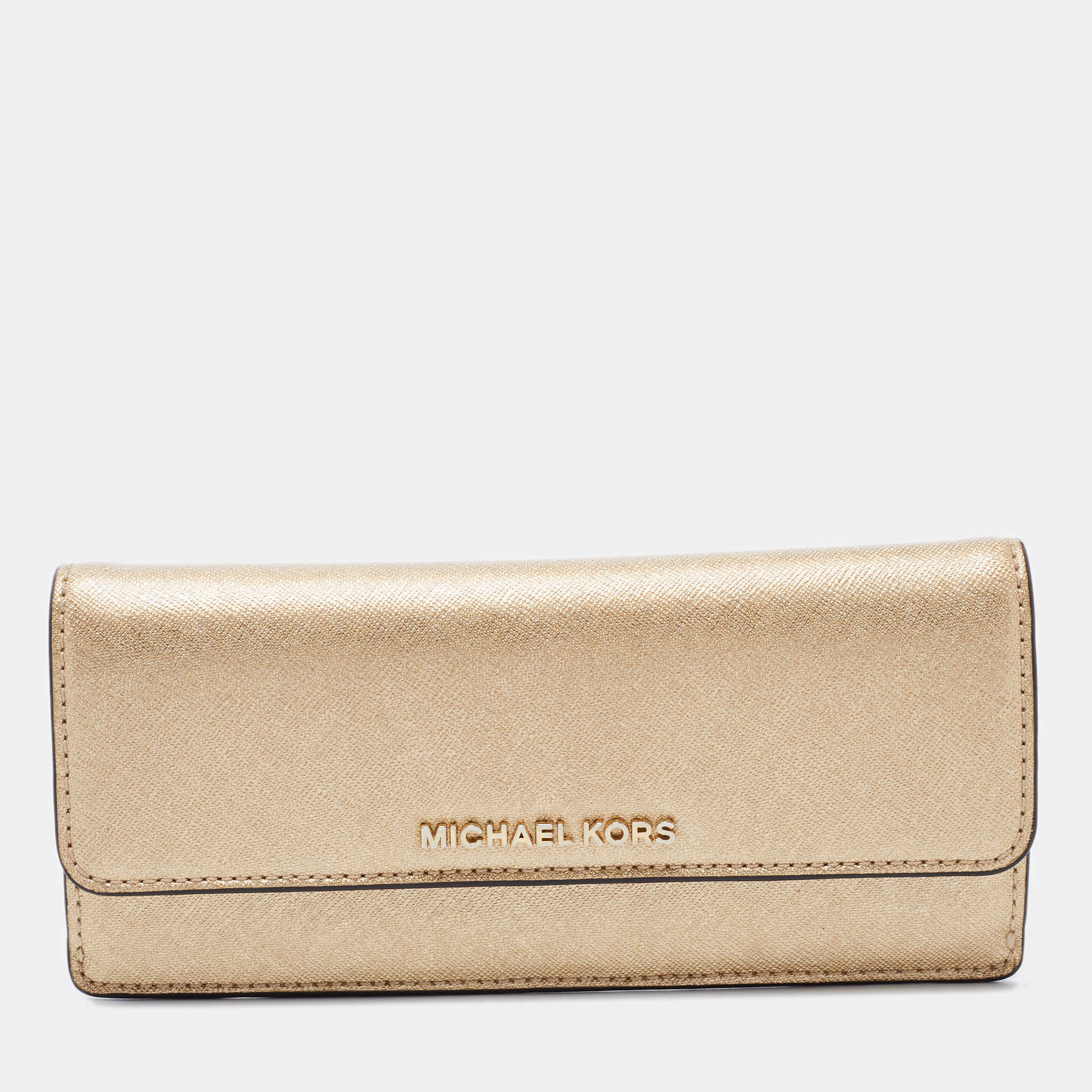 Pre Owned Michael Kors MetallicGold Leather Jet Set Wallet