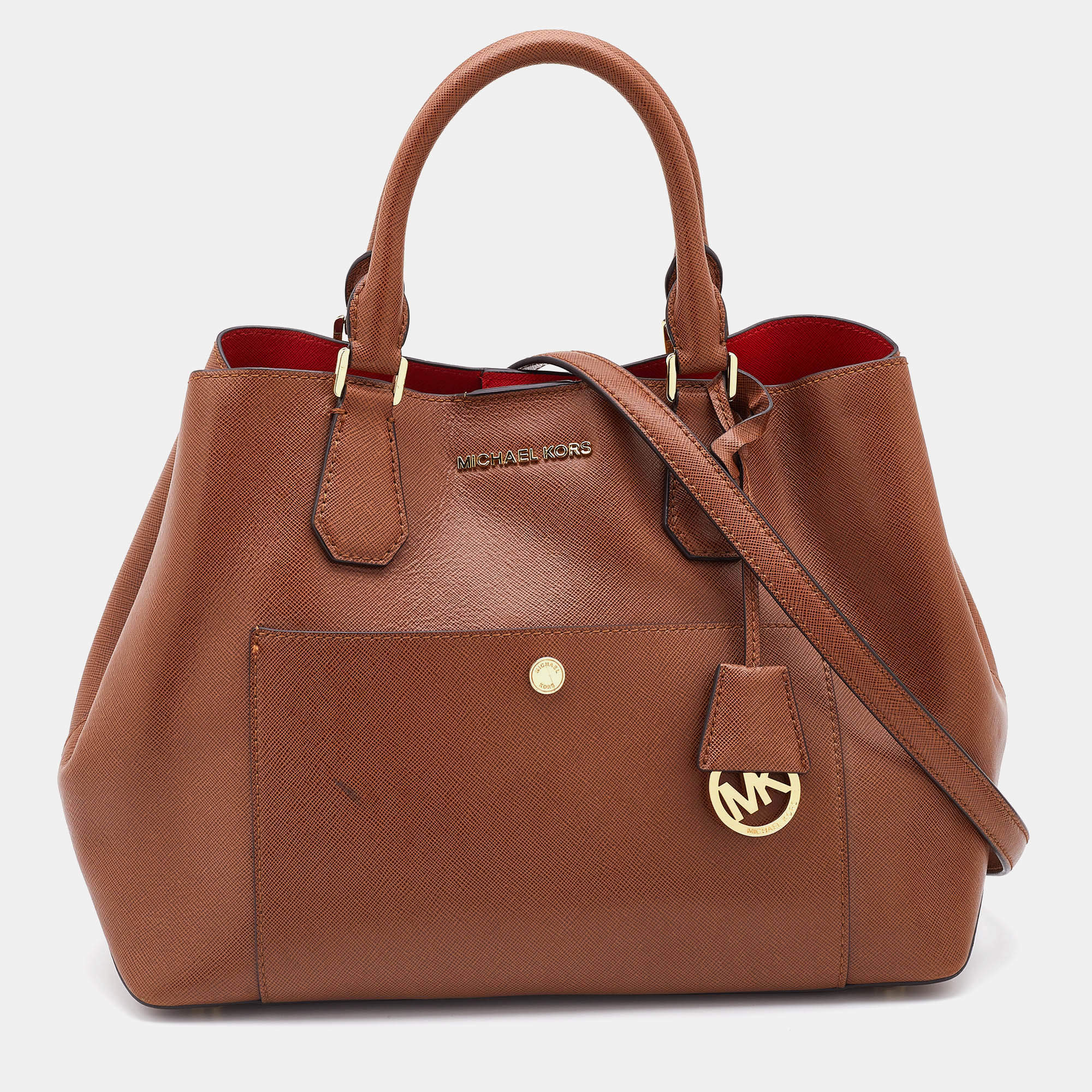 Pre Owned Michael Kors Brown Leather Jet Set Snap Pocket Tote