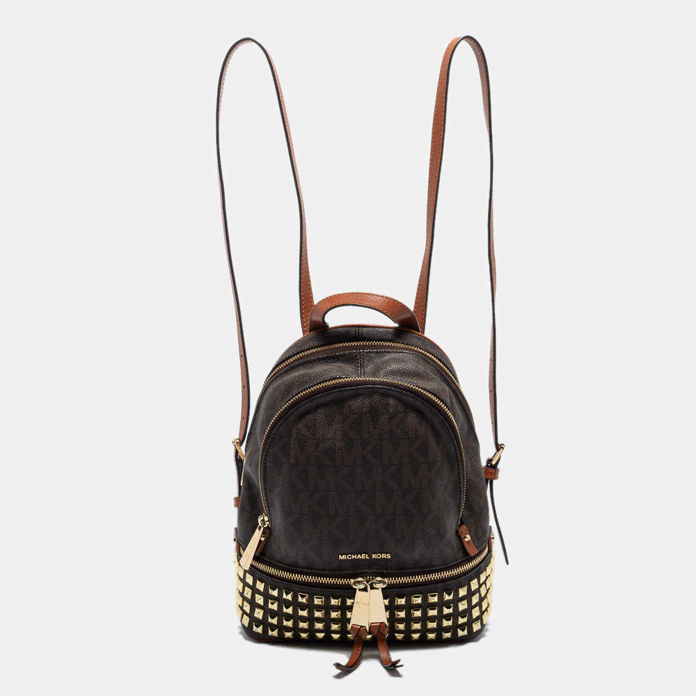 Pre Owned Michael Kors Dark Brown Signature Coated Canvas and Leather Rhea Backpack