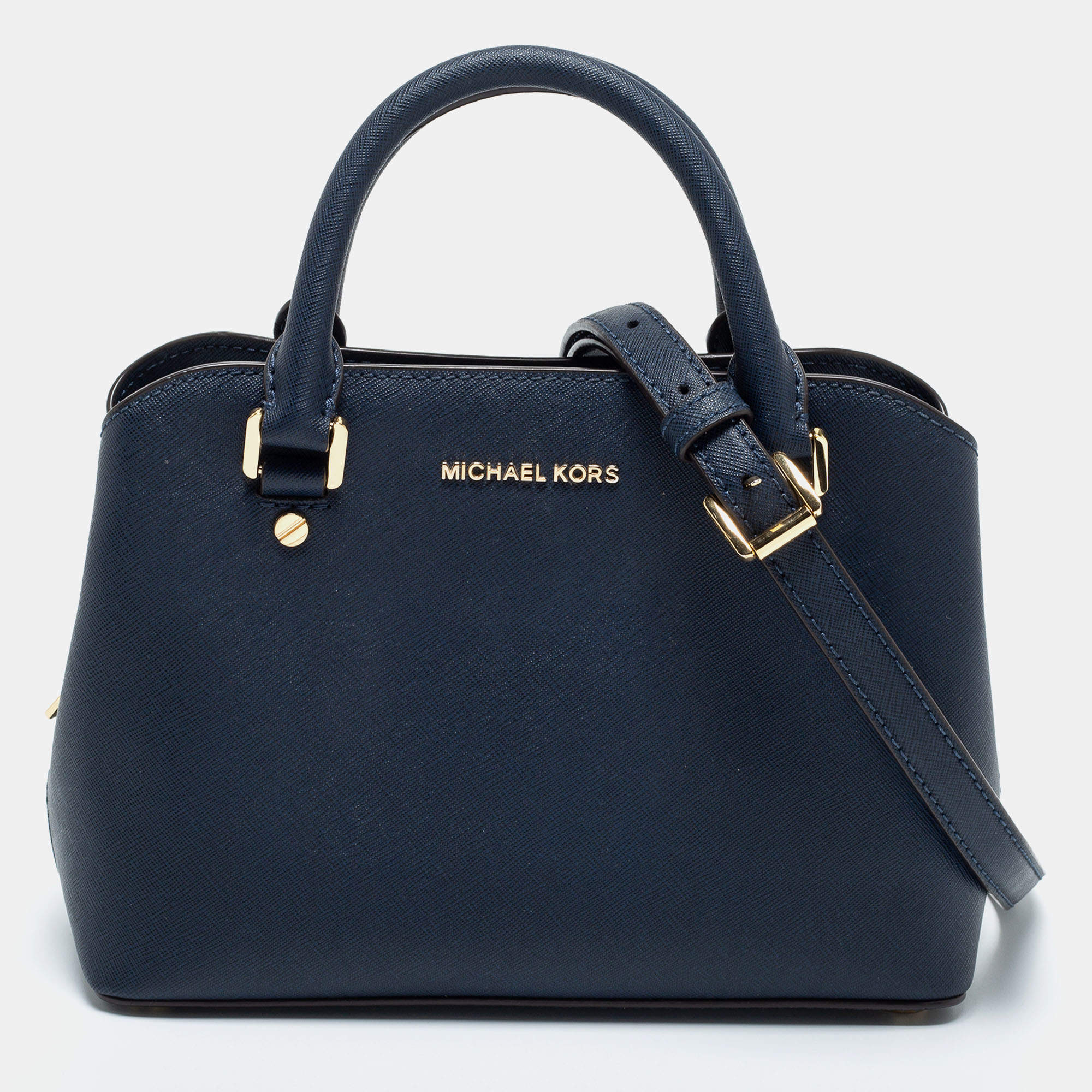 Pre Owned Michael Michael Kors Navy Blue Saffiano Leather Small Savannah Satchel