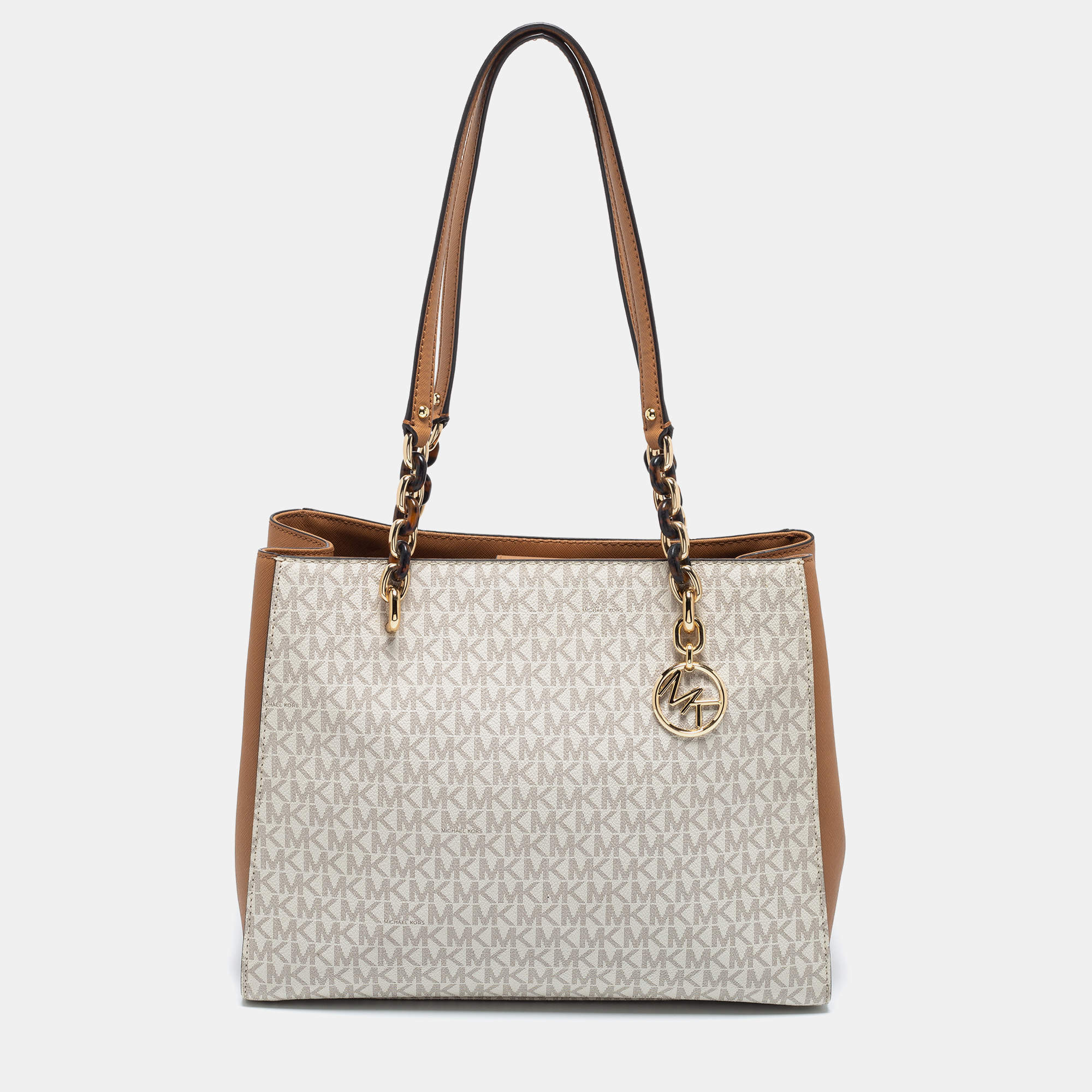Pre Owned Michael Kors White Monogram Coated Canvas and Leather Large Sofia Tote