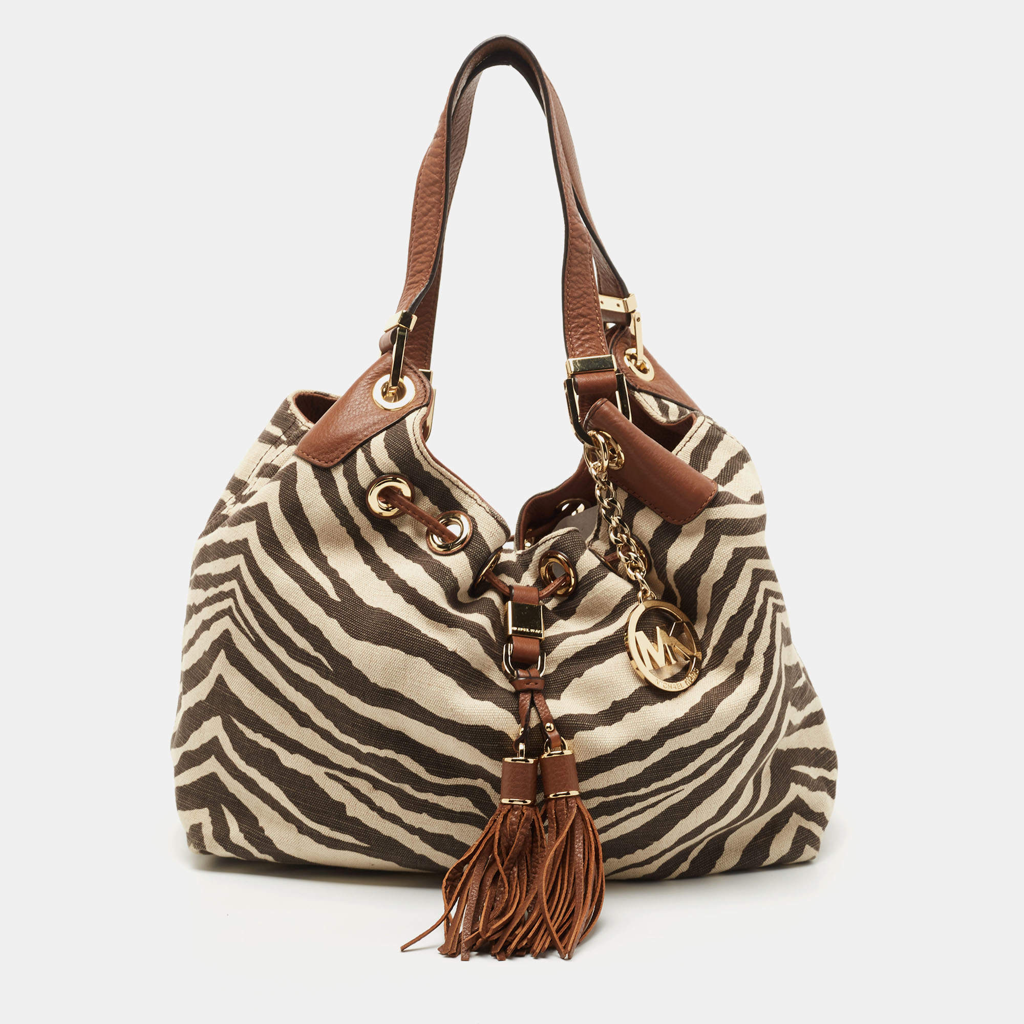 Michael Kors Brown/Beige Zebra Print Canvas and Leather Marina Shoulder Bag