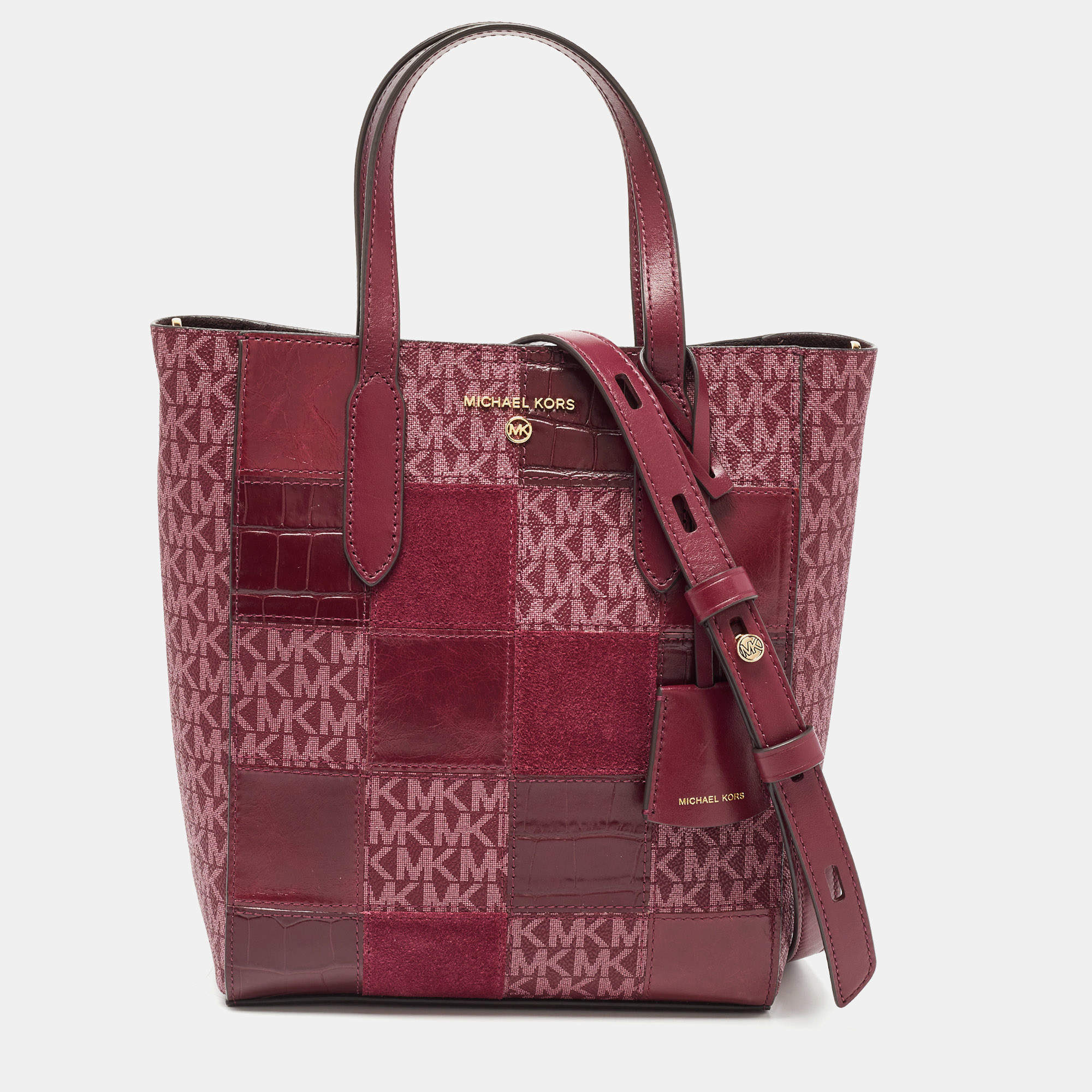 Pre Owned Michael Kors Burgundy Signature Coated Canvas, Leather and Suede Sinclair Tote