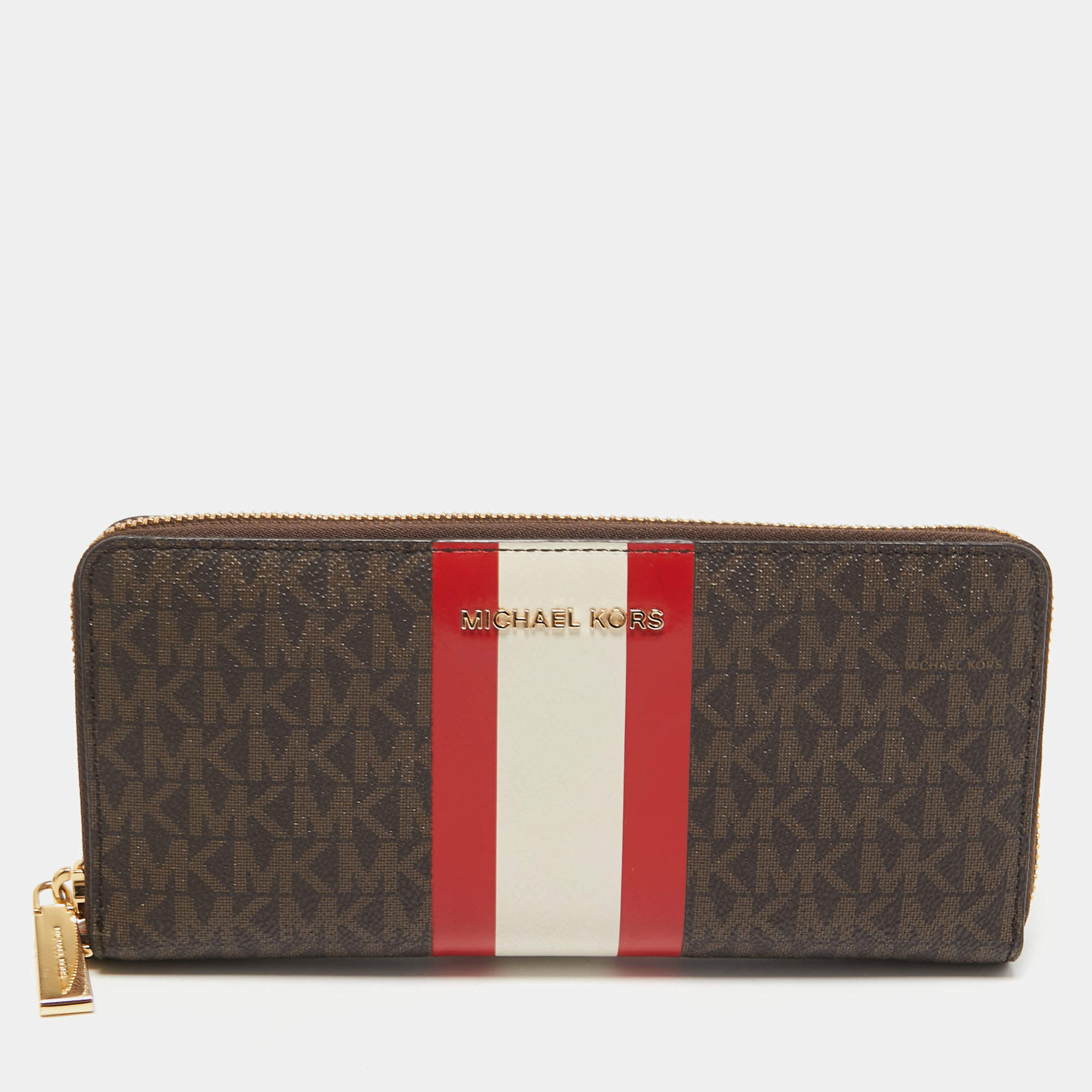 Pre Owned Michael Kors Brown Signature Coated Canvas Zip Around Wristlet Wallet