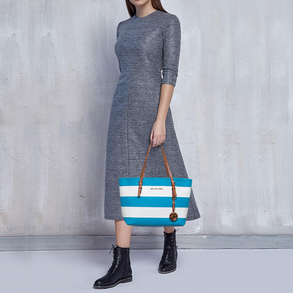 Michael Kors Blue White Stripe Tote Handbag Shoulder Bag Purse XL Carryall